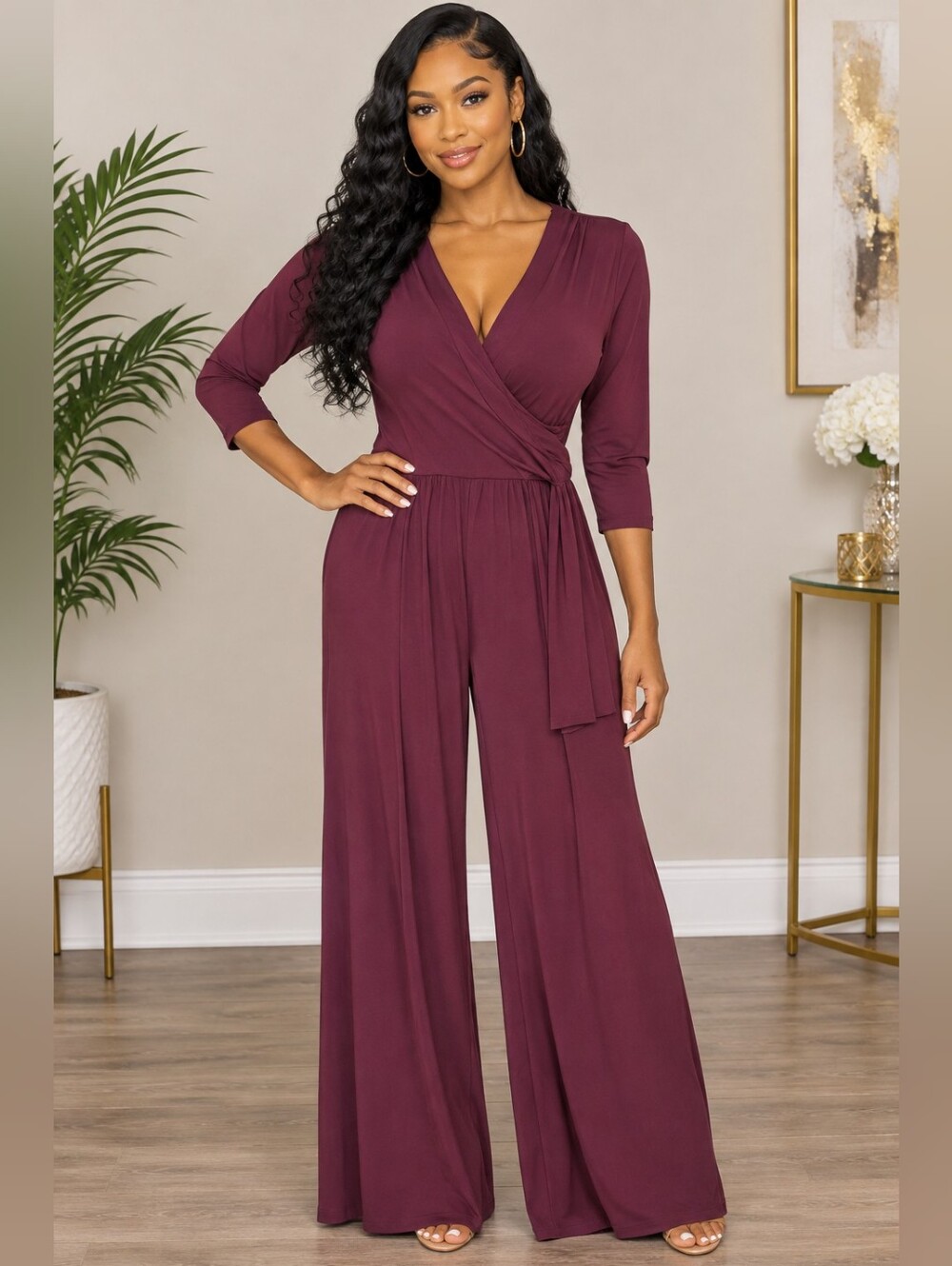 MSK Size Petite Medium Burgundy Faux-Wrap Wide-Leg Jumpsuit 3/4-length Sleeves